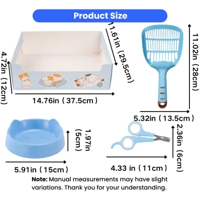 Cat Starter Kit Litter Box Bowl Scoop and Clipper Size Guide Size chart for cat starter kit showing litter box, litter scoop, cat feeding bowl and pet nail clipper dimensions.