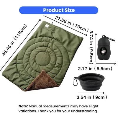 Dog Travel Mat Collapsible Bowl and Waste Bag Holder Size Guide Dog travel accessories size guide showing 70 by 118cm portable mat, 9cm collapsible bowl and compact dog waste bag holder.