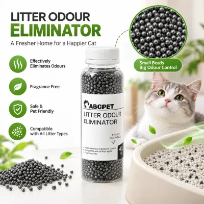 Cat litter odour eliminator beads for fragrance-free odor control, compatible with all litter types