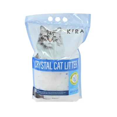 Bag of silica gel crystal cat litter with absorbent white and blue crystals for odor control