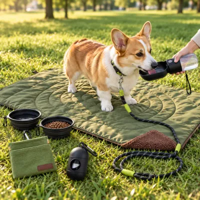 Portable Dog Travel Kit for Outdoor Walking and Camping Corgi using a portable dog travel kit outdoors with leash, water bottle, collapsible bowls, travel mat, treat pouch and waste bag holder.