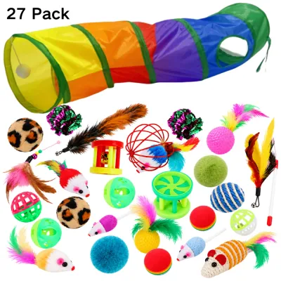 27 Piece Interactive Cat Toy Set with Cat Tunnel 27 piece interactive cat toy set with rainbow tunnel feather toys balls toy mice teaser wands and assorted kitten toys