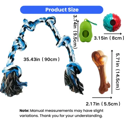 Dog Chew and Tug Toy Size Guide Size chart for dog rope tug toy treat ball chew bone and waste bag dispenser