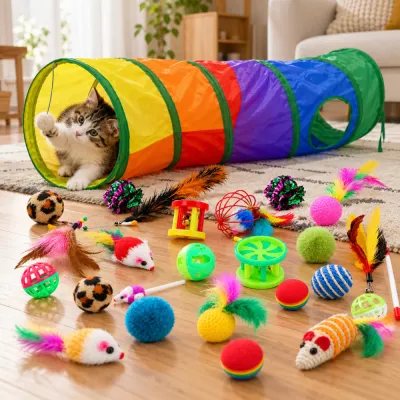 27 Pack Cat Toys with Rainbow Tunnel for Indoor Cats Kitten playing in a rainbow cat tunnel with 27 pack interactive cat toys including balls mice feather toys and teaser wands
