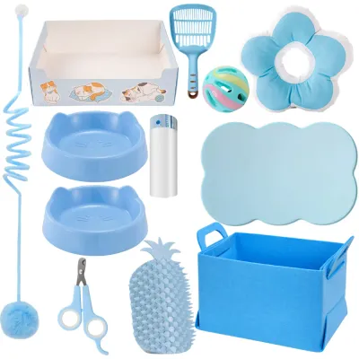 Blue Cat Starter Kit with Essential Cat Supplies Blue cat starter kit with litter box, food bowls, feeding mat, cat toys, grooming tools, recovery collar and felt storage basket