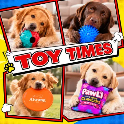Interactive Dog Toy Set for Chewing Fetch and Play Dogs playing with assorted interactive chew toys including treat ball spiky ball frisbee and plush toy