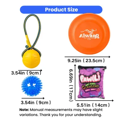 Dog Toy Set Product Size Guide Size guide for dog frisbee spiky ball rope ball and plush dog toy