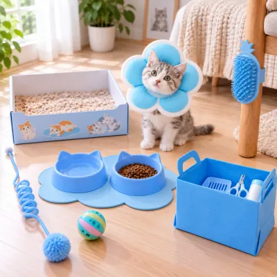 Cat Starter Kit for Kittens and New Cat Owners Kitten using blue cat starter kit with litter box, food and water bowls, feeding mat, toys, grooming brush and storage basket