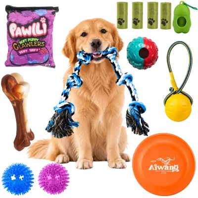 Assorted Dog Toy Set with Chew Tug and Fetch Toys Golden retriever with assorted dog toys including rope toy frisbee chew bone balls and plush toy