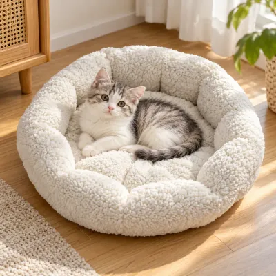 Cozy White Plush Cat Bed for Indoor Cats Kitten resting in a white plush round cat bed in a warm indoor home setting