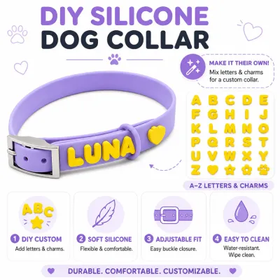 Purple DIY silicone dog collar with alphabet charms adjustable buckle and customizable design