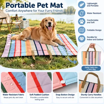 Water Resistant Foldable Portable Pet Mat Features Water resistant foldable pet mat with padded cushion snap buttons and carry handles