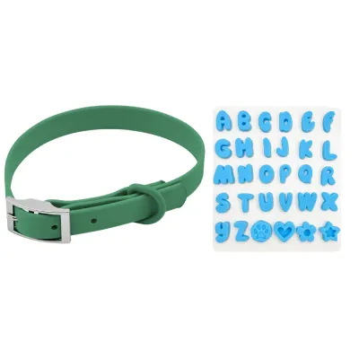 Green DIY Silicone Dog Collar with Letter Charms Green adjustable silicone dog collar with blue DIY alphabet letters and decorative charms