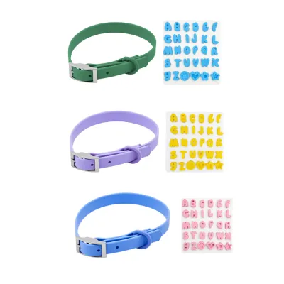 Green purple and blue DIY silicone dog collars with colorful alphabet letters and decorative charms for personalized pet collars