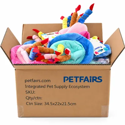 Bulk carton of colorful plush dog birthday hats for wholesale pet supply retailers