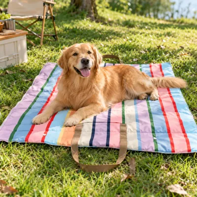 Outdoor Portable Dog Mat for Travel and Camping Golden retriever resting on colorful portable dog mat outdoors on grass