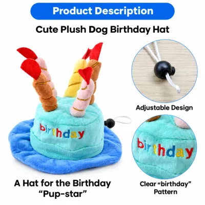 Blue plush dog birthday hat featuring adjustable chin strap and embroidered birthday design