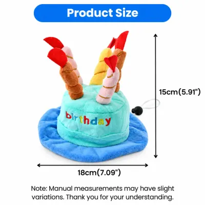 Blue plush dog birthday hat measuring 18 cm wide and 15 cm high