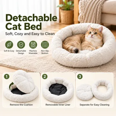 Detachable Washable Plush Cat Bed with Non Slip Bottom Detachable white plush cat bed with removable cushion machine washable design and non slip bottom