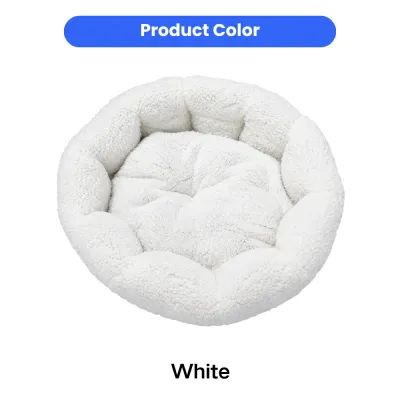 White Plush Round Cat Bed Product Color White plush round cat bed with soft padded cushion and raised sides