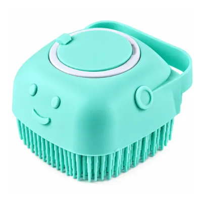 Aqua silicone pet bath brush with soft flexible bristles built in reservoir and hand strap