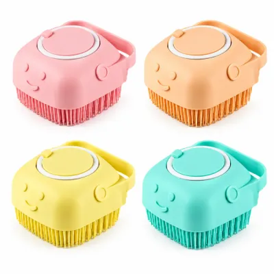 Four silicone pet bath brushes displayed in pink orange yellow and aqua