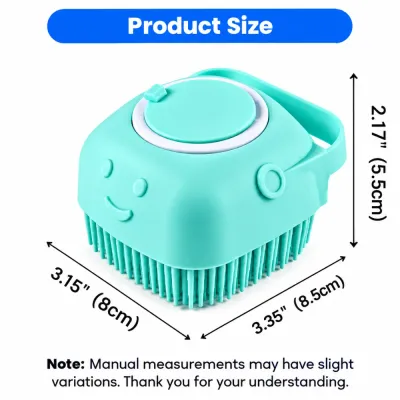 Aqua silicone pet bath brush measuring approximately 8 by 8.5 by 5.5 cm