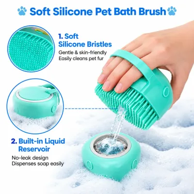 Soft silicone pet bath brush with flexible bristles and built in liquid soap reservoir