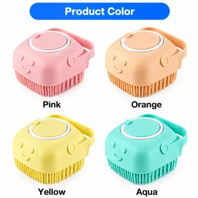 Silicone pet bath brushes in pink orange yellow and aqua color options