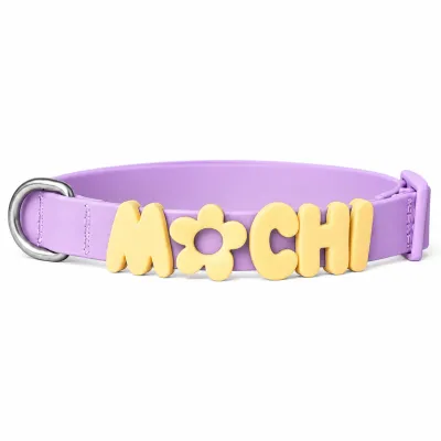Purple Personalized Pet Collar with Custom Letter Charms Purple personalized pet collar with yellow custom letter and flower charms, adjustable buckle and metal D ring