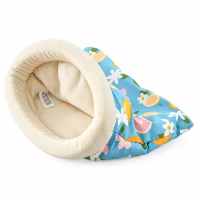 Blue Lemon Soft Small Animal Sleeping Bag Bed Blue lemon patterned small animal sleeping bag bed with a cream plush interior, padded round opening, and colorful citrus floral design.