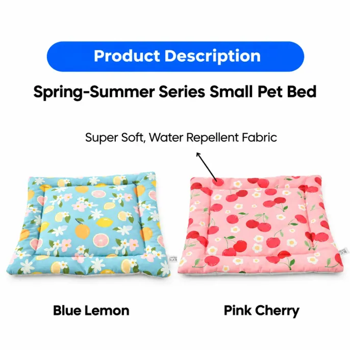 Soft Water Repellent Small Pet Beds in Blue Lemon and Pink Cherry Two square small pet beds in blue lemon and pink cherry prints featuring soft water repellent fabric and padded borders.