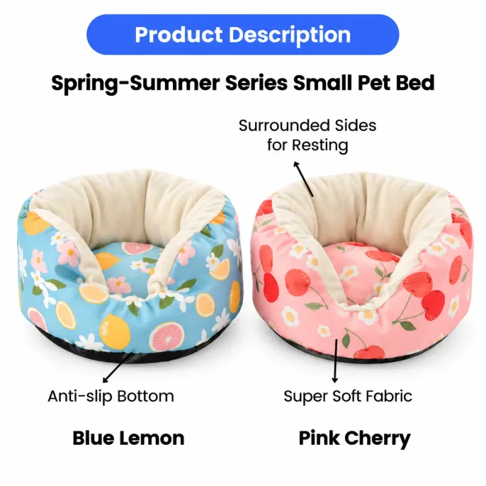Soft Small Animal Sofa Beds with Anti Slip Bottom and Plush Fabric Blue lemon and pink cherry small pet sofa beds featuring soft plush fabric, raised cushioned sides, and anti slip bottoms.