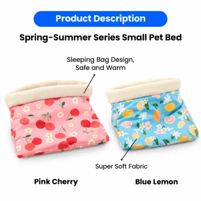 Spring Summer Small Pet Sleeping Bag Beds with Soft Plush Fabric Pink cherry and blue lemon small pet sleeping bag beds featuring super soft fabric, plush-lined openings, and cozy enclosed designs.