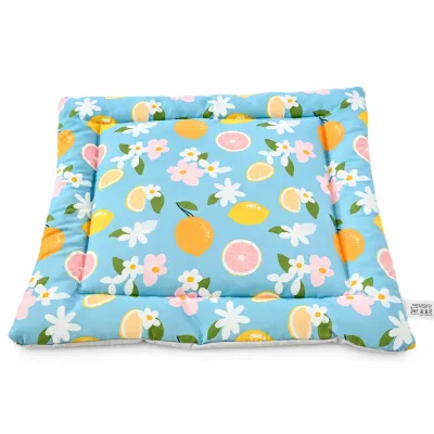 Blue Lemon Pattern Soft Padded Small Animal Bed Blue lemon patterned square small pet bed with colorful citrus and floral prints, soft cushioning, and raised padded edges.