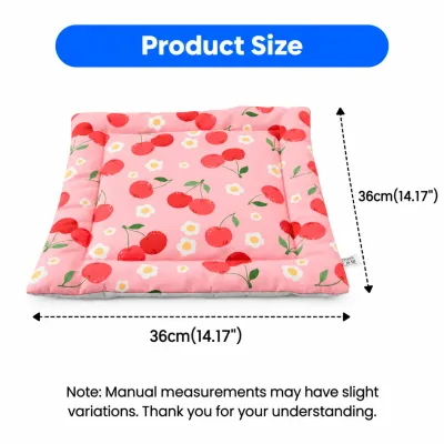 36 x 36 cm Square Small Pet Bed Size and Dimensions Pink cherry patterned square small pet bed measuring 36 x 36 cm or 14.17 x 14.17 inches with padded edges.