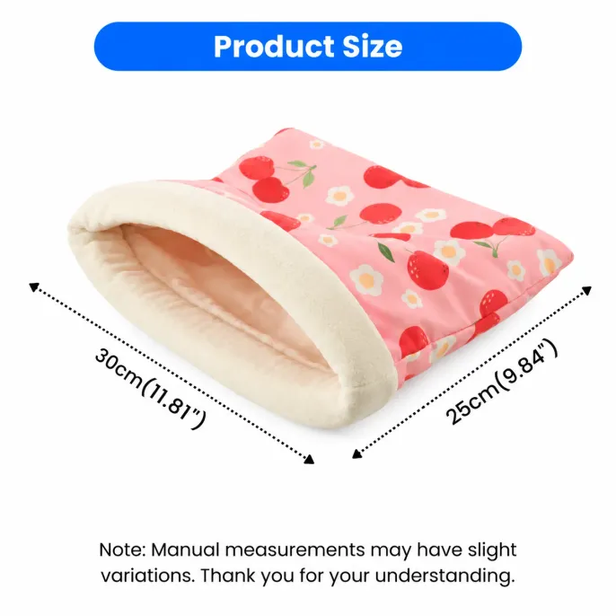 Pink Cherry Rabbit Sleeping Bag Bed 30 x 25 cm Size Pink cherry patterned small pet sleeping bag bed measuring 30 x 25 cm with a soft cream plush opening and cushioned interior.