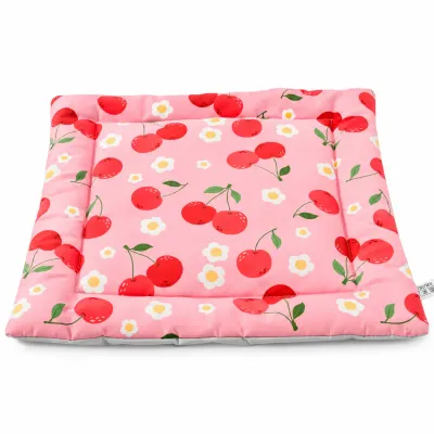 Pink Cherry Pattern Soft Rabbit Bed and Small Pet Cushion Pink cherry patterned square rabbit bed with white floral details, soft padded center, and raised cushioned borders.