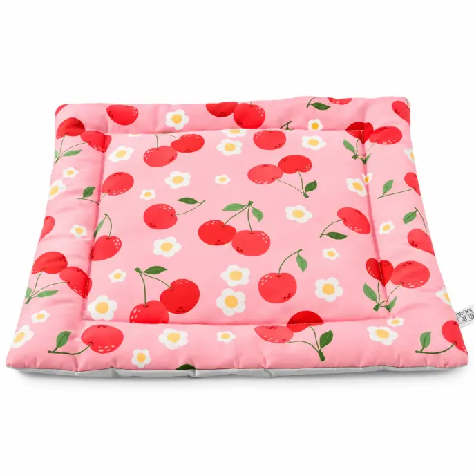 Pink Cherry Pattern Soft Rabbit Bed and Small Pet Cushion Pink cherry patterned square rabbit bed with white floral details, soft padded center, and raised cushioned borders.