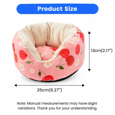 Pink Cherry Small Pet Sofa Bed 25 x 13 cm Size Guide Pink cherry patterned small pet sofa bed with size diagram showing 25 cm width and 13 cm height, featuring soft plush lining.