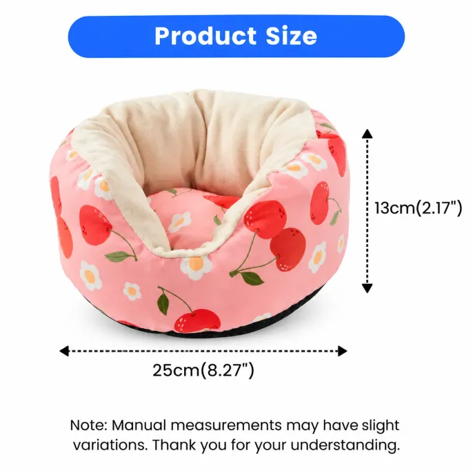 Pink Cherry Small Pet Sofa Bed 25 x 13 cm Size Guide Pink cherry patterned small pet sofa bed with size diagram showing 25 cm width and 13 cm height, featuring soft plush lining.