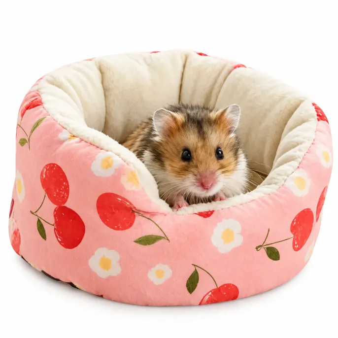 Soft Hamster Bed in Pink Cherry Pattern with Plush Cushion Cute hamster resting inside a pink cherry patterned small pet bed with soft cream plush lining and raised cushioned sides.
