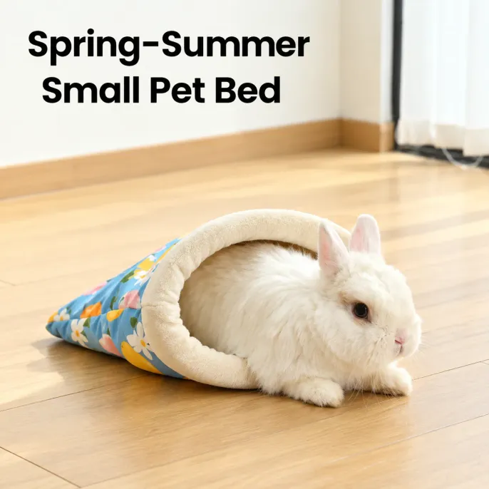 Cozy Small Pet Sleeping Bag Bed for Rabbits Indoor Use White rabbit resting inside a blue lemon patterned sleeping bag bed with a soft plush opening on a wooden floor in a bright home.