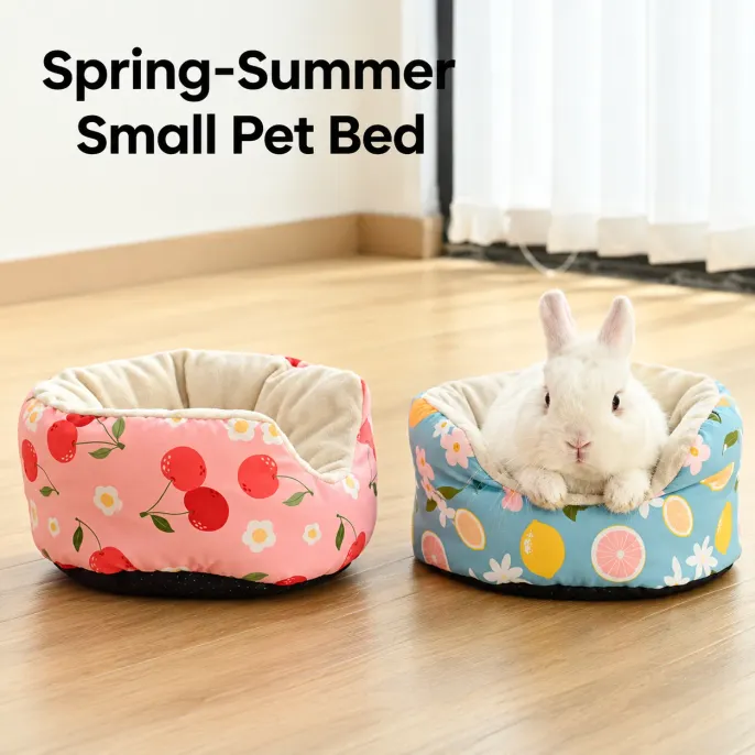 Spring Summer Rabbit Bed with Soft Plush Raised Sides White rabbit resting inside a blue lemon patterned small pet sofa bed beside a pink cherry pet bed on a wooden floor.