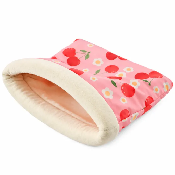 Pink Cherry Soft Plush Rabbit Sleeping Bag Bed Pink cherry patterned rabbit sleeping bag bed with a cream plush-lined entrance, soft cushioned interior, and floral cherry print.
