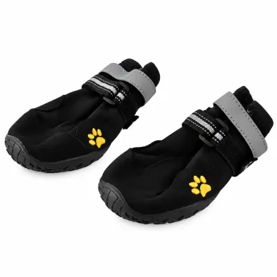 Black Dog Shoes with Reflective Adjustable Straps and Non Slip Soles Close up of two black dog boots featuring gray reflective adjustable straps, secure closures, textured non slip soles and yellow paw print embroidery.
