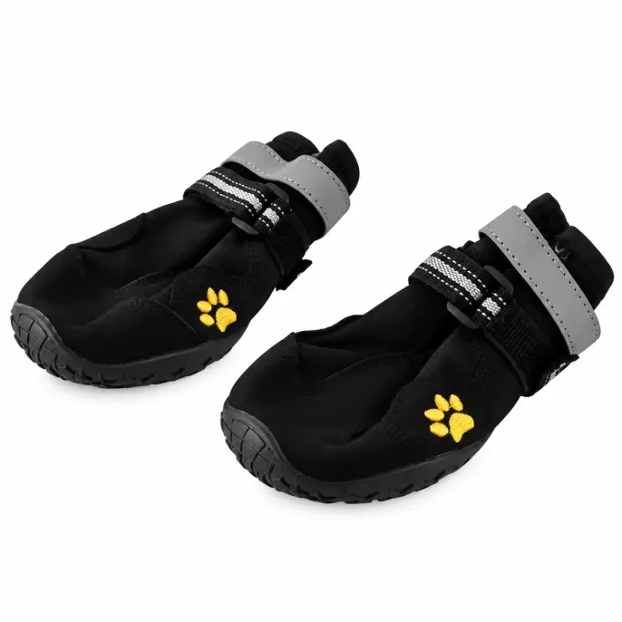 Black Dog Shoes with Reflective Adjustable Straps and Non Slip Soles Close up of two black dog boots featuring gray reflective adjustable straps, secure closures, textured non slip soles and yellow paw print embroidery.