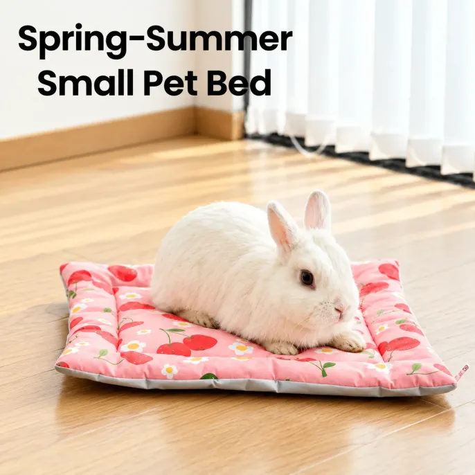Spring Summer Small Pet Bed for Rabbits and Small Animals White rabbit lying on a pink cherry patterned spring summer small pet bed on a wooden floor in a bright indoor setting.