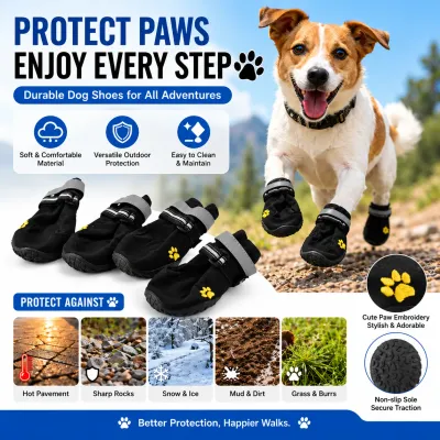 Protective Dog Boots with Non Slip Soles for Outdoor Walking Black dog boots with reflective straps, non slip soles and yellow paw embroidery designed to help protect dog paws from hot pavement, rocks, snow and dirt.