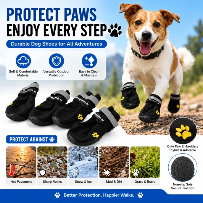Protective Dog Boots with Non Slip Soles for Outdoor Walking Black dog boots with reflective straps, non slip soles and yellow paw embroidery designed to help protect dog paws from hot pavement, rocks, snow and dirt.